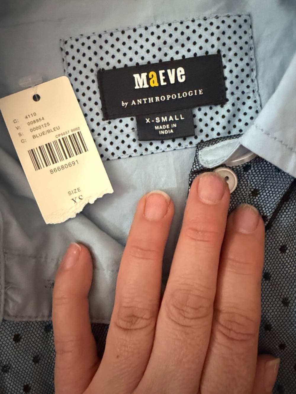Anthropologie Maeve Bennet Button Down Shirt Blue Polka Dot Tulle - Picture 4 of 4